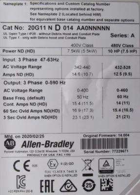 ALLEN BRADLEY 20G11ND014AA0NNNNN POWERFLEX 755 SER. A 10HP (NEW SURPLUS)