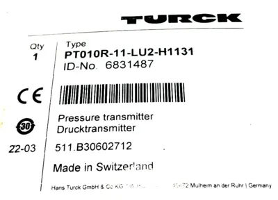 NEW TURCK PT010R-11-LU2-H1131 PRESSURE TRANSMITTER PT010R11LU2H1131