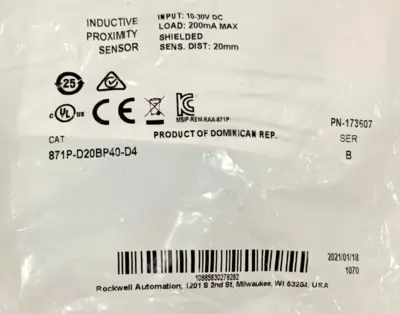 ALLEN BRADLEY 871P-D20BP40-D4 SER. B PROXIMITY SENSOR 871PD20BP40D4 NEW SURPLUS