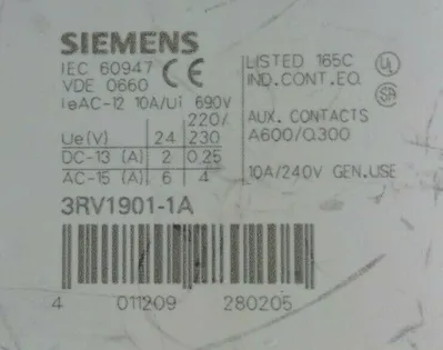 Siemens 3RV1901-1A Auxiliary Contact Switch 4D