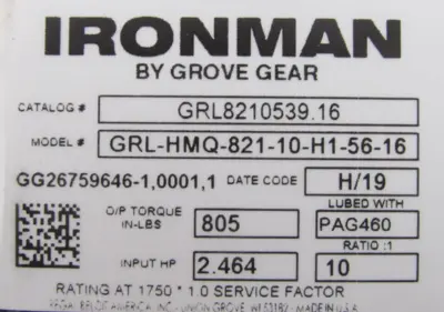NEW GROVE GEAR GRL-HMQ-821-10-H1-56-16 GEAR REDUCER 10:1 GRL8210539.16