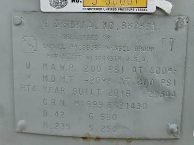 Used 2019 SAMUEL PRESSURE VESSEL 660 GALLON Air Compressors (Misc) Wisconsin US | Lemke Machinery Sales #1486381