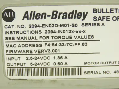 Allen Bradley 2094-EN02D-M01-S0 Control Module Kinetix 6500 Safe Off Ser A 24VDC