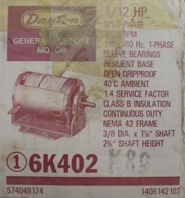 NEW DAYTON 6K402 MOTOR 1/12HP 115V 1725RPM 3/8"