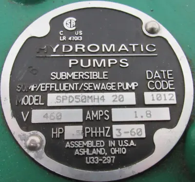 NEW HYDROMATIC PUMPS SPD50MH4-20 SUBMERSIBLE SEWAGE PUMP 460V .5HP