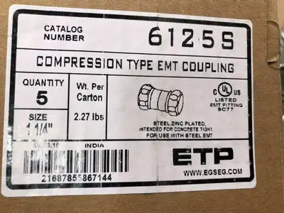 ETP 6125S 1-1/4″ Compression EMT Coupling / Fitting ; Zinc Plated -NIB of 5