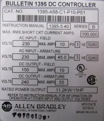 REFURBISHED ALLEN BRADLEY 1395-A68-C1-P10-P51 DC DRIVE SER.B 15HP