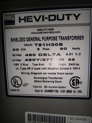 EGS Hevi-Duty 30 KVA Dry Type Transformer