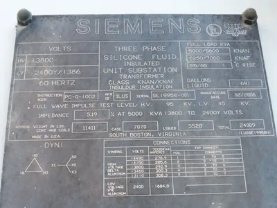 5000 KVA Siemens Silicone Transformer, 13.8KV Pr, 2400Y/1386V Se
