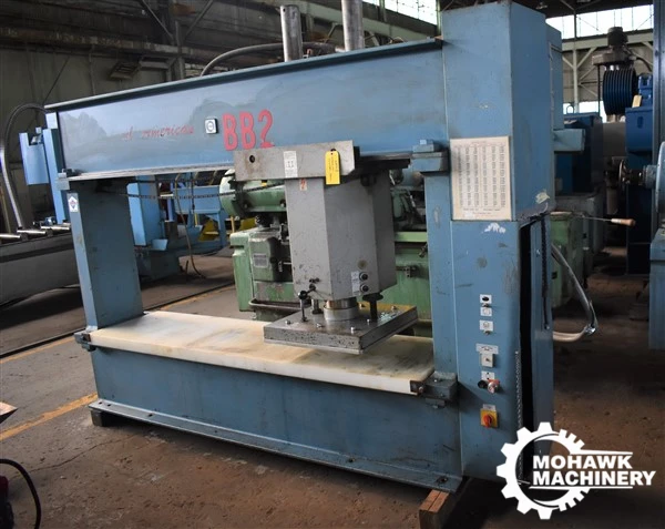 35 TON ALL AMERICAN/USM TRAVELING-HEAD DIE-CUTTING CLICKER PRESS w/REPLACEABLE POYURETHANE WORK TABLE - (2) FRONT SUPPORTS - 79" X 20" TABLE