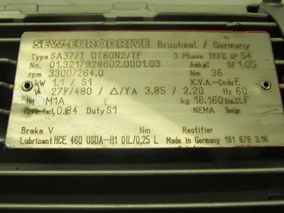 SEW-EURODRIVE SA37/T DT80N2/TF Reducer Gearmotor 1.1kW 3300RPM 277/480V  264RPM