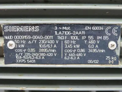 Siemens 1LA7106-2AA11 Motor 3-3.45 KW 50-60Hz 2895-3495 RPM 3PH