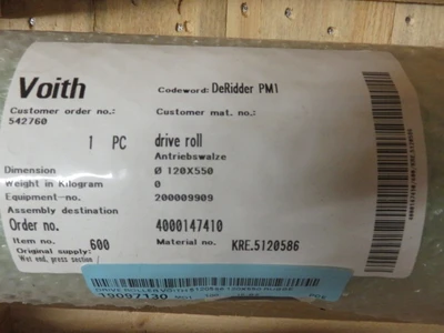 Voith Rubber Covered Drive Roll for Wet End, Press Section, 120x550 , Unused Condition