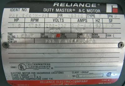 USED RELIANCE ELECTRIC P56J2441M-SU MOTOR 1HP 1725RPM 208-230/460V HB56C