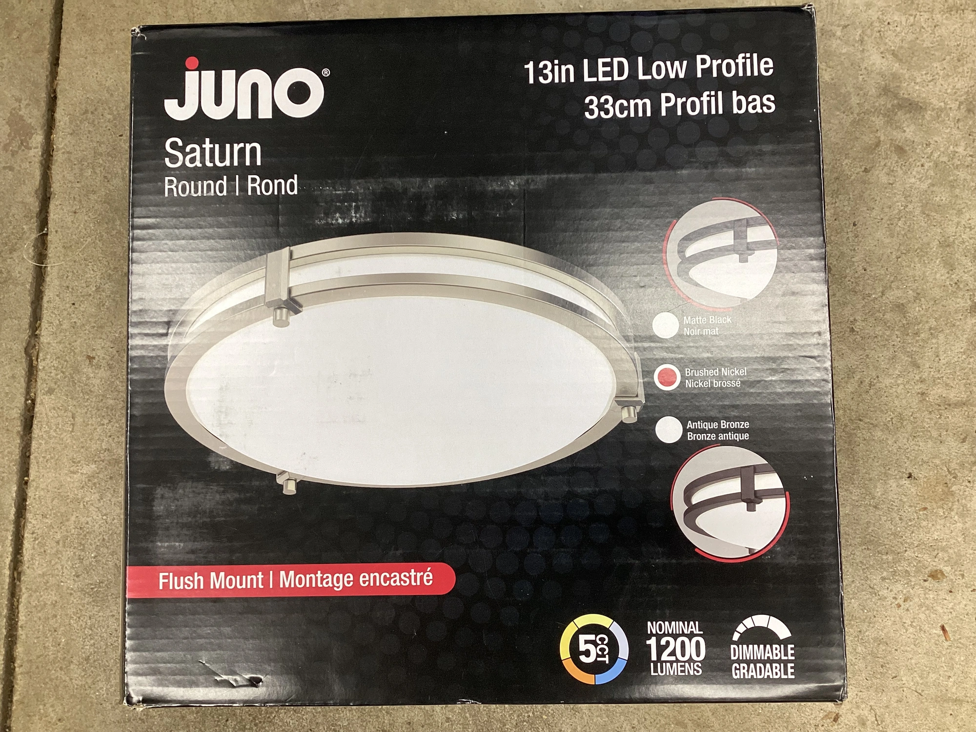 New JUNO Saturn round 13” LED Low Profile flush mount ceiling light. Brushed Nickel. 1200 lm, dimmab...