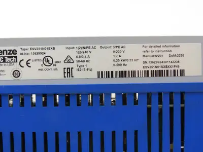 Lenze ESV251N01SXB SMV Drive 1/3HP 1240/240 VAC Input 0-500Hz 0-230 3ph .33Hp