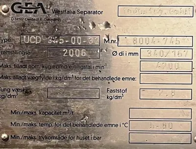 Westfalia UCD 345-00-32 decanter centrifuge, Duplex SS.