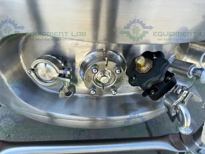 USED ALLEGHENY 400 LITER STAINLESS STEEL JACKETED REACTOR 45 PSI W/ 5 HP TOP MIXER