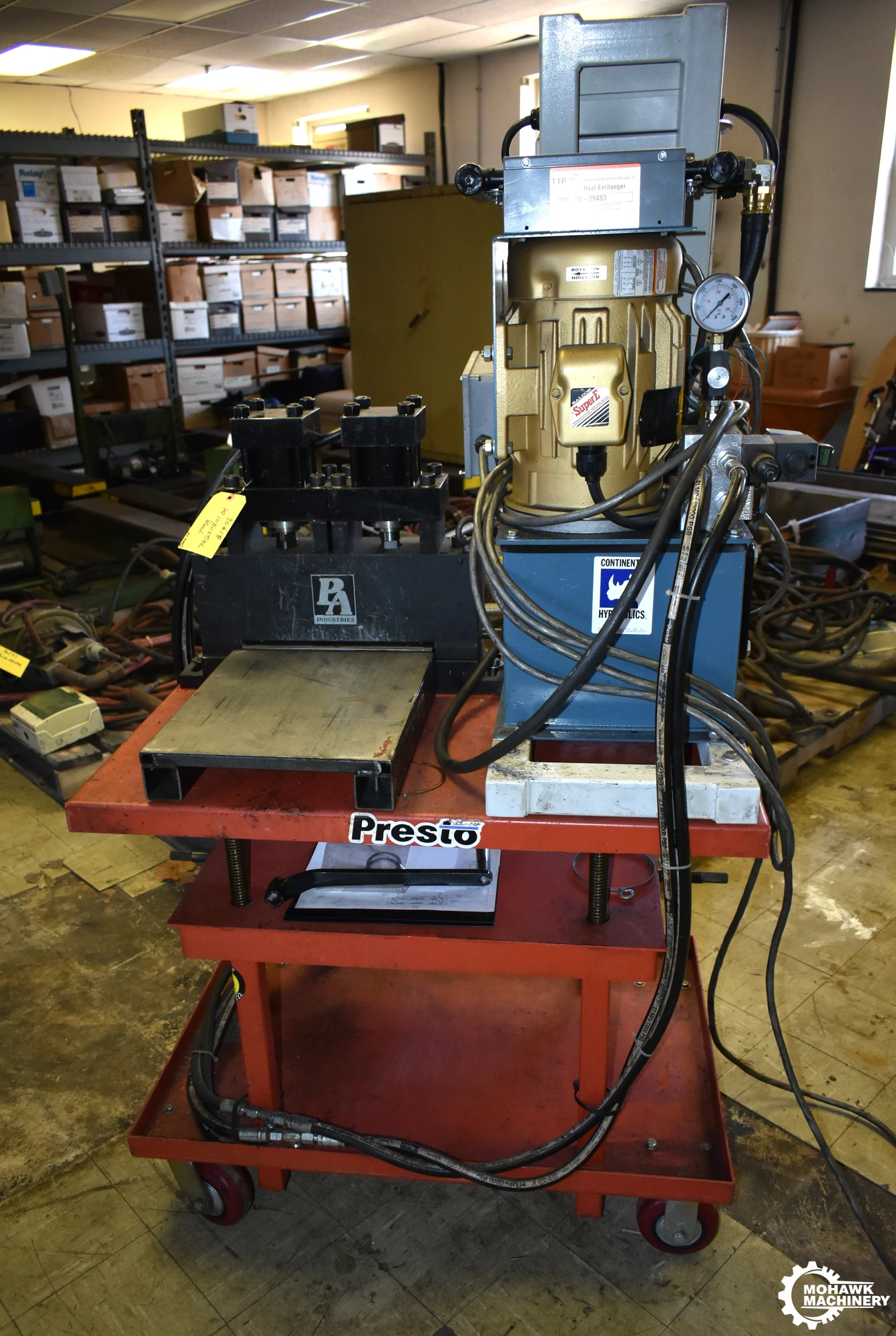 12" P/A INDUSTRIES "HSC-12" HYDRAULIC STOCK CUTTER w/3 HP CONTINENTAL HYDRAULIC UNIT - ADJUSTABLE ROLLER TABLE