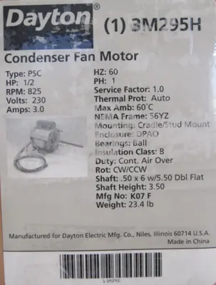NEW DAYTON 3M295H MOTOR 1/2HP 825RPM 230V 1/2"x6"