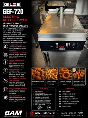 Giles GEF-720 Electric Kettle Fryer, 75 lbs Fat / 24 lb. Product Capacity, NICEGiles GEF-720 Electric Kettle Fryer, 75 lbs Fat / 24 lb. Product Capacity, NICE