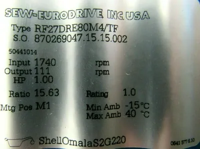 NEW SEW EURODRIVE RF27DRE80M4/TF GEARMOTOR 15.63:1 230/460V