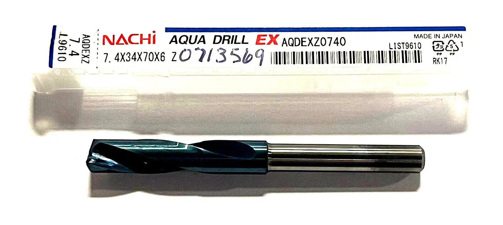 NACHI 7.4mm Solid Carbide Drill 2xD Aqua EX Coating 180° 2 Flute Made In Japan