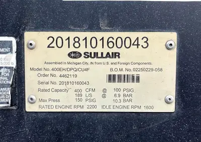 Used 2019 SULLAIR 400EH/DPQ/CU4F Air Compressors, Portable Utah US | Global Remarketing #1549600