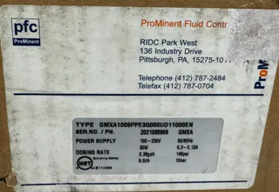 NEW PROMINENT FLUID CONTROLS GMXA1009PPE3Q000UD11000EN DOSING PUMP GMXA