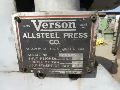 Verson All Steel Press Brake, S/N 9875-2078, 7.5" Shut Height, 3" ram adjustment, 2.5" stroke