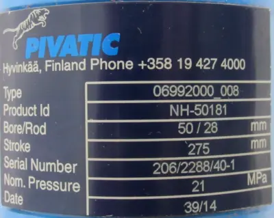 NEW PIVATIC NH-50181 CYLINDER NH50181 06992000-008 BORE/ROD 50/28MM STROKE 275MM