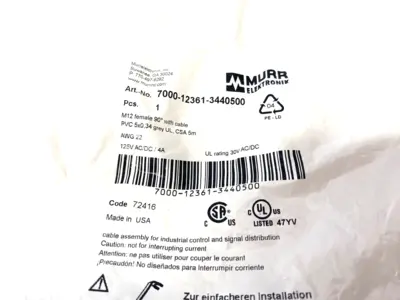 New | in-Stock Murrelektronik Single Ended M12 female 90° A-cod. Cable Cable & Wire Michigan US | Maverick Industrial Sales #1392906
