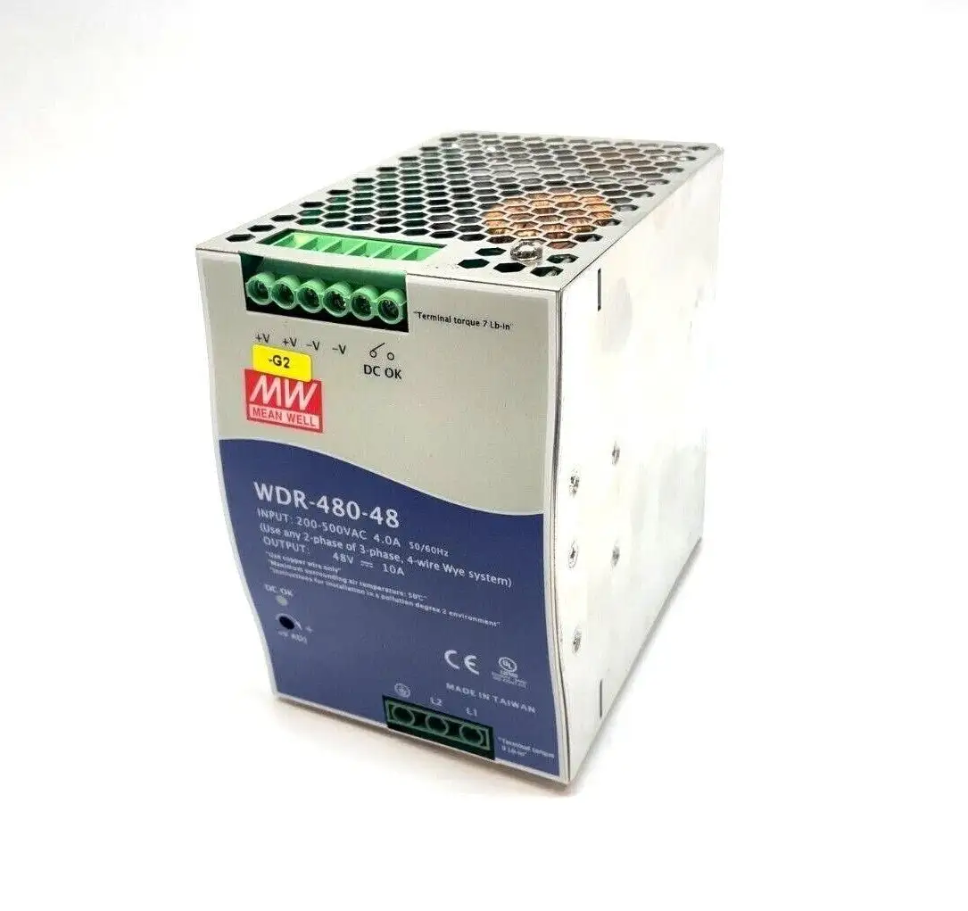 WDR-480-48 | Mean Well  Industrial Power Supply, 48V DC, 10A, DIN Rail Mount - Used