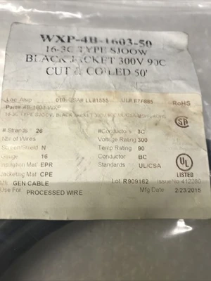 *New In Bag WXP-4B-1603-50 Cable Cut &Coiled 50’ 16-3C Type SJ00W 300V90C#