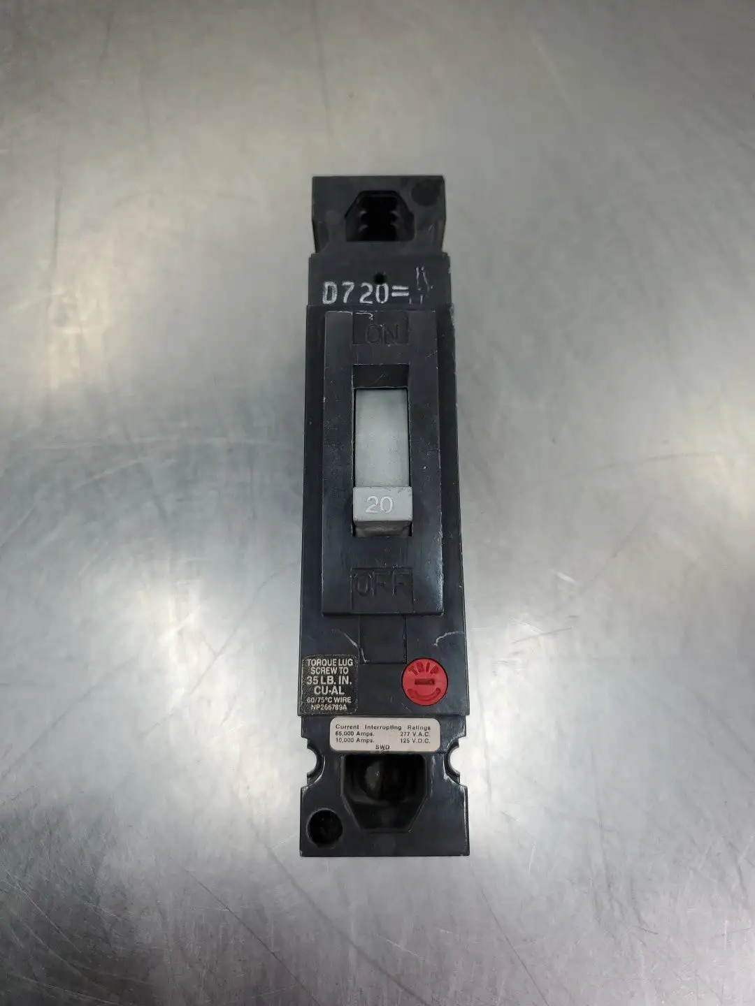 USED GE THED113020 Circuit Breaker, 20A, 277VAC/125VDC, 1P