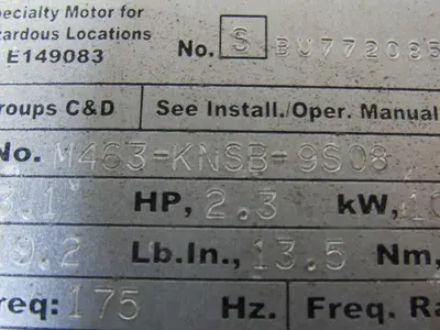 Elwood Gettys M463-KNSB-9S08 AC Servo Motor Haz. Location 2.3Hp 3500RPM