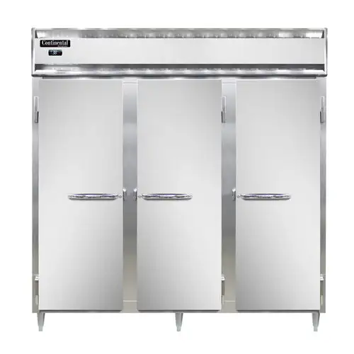 Continental D3RNSS 78" Three Section Reach In Refrigerator, (3) Left/right Hinge Solid Doors, Top Compressor, 115v