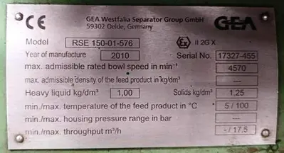 Westfalia RSE 150-01-576 vegetable oil separator, 316SS.