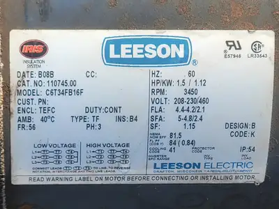 75 hp, 240 volts, 1850 rpm, ULC3612ATZ Electric Motor w/ 1.5 hp Fan