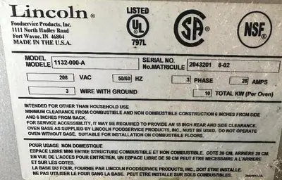USED LINCOLN FOOD SERVICE PRODUCTS 1132
