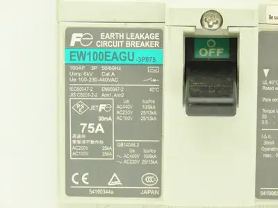 Fuji Electric EW100EAGU-3P075 Earth Leakage Circuit Breaker 3-Pole 75A 100-440V