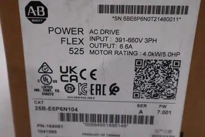 Allen Bradley 25B-E6P6N104 600 VAC 3 PHASE 6.6 AMP 5 HP - STOCK GF-84