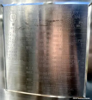 Used Precision Stainless Industrial Board Rated Jacketed Tank.