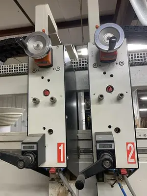 KOCH SBD-B DOUBLE-END FEED-THROUGH TRIM, BORE, GLUE, & DOWEL MACHINE