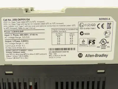 Allen Bradley 25B-D6P0N104 Powerflex 525 3Hp VFD AC Drive 480V 50/60Hz FRN 1.003