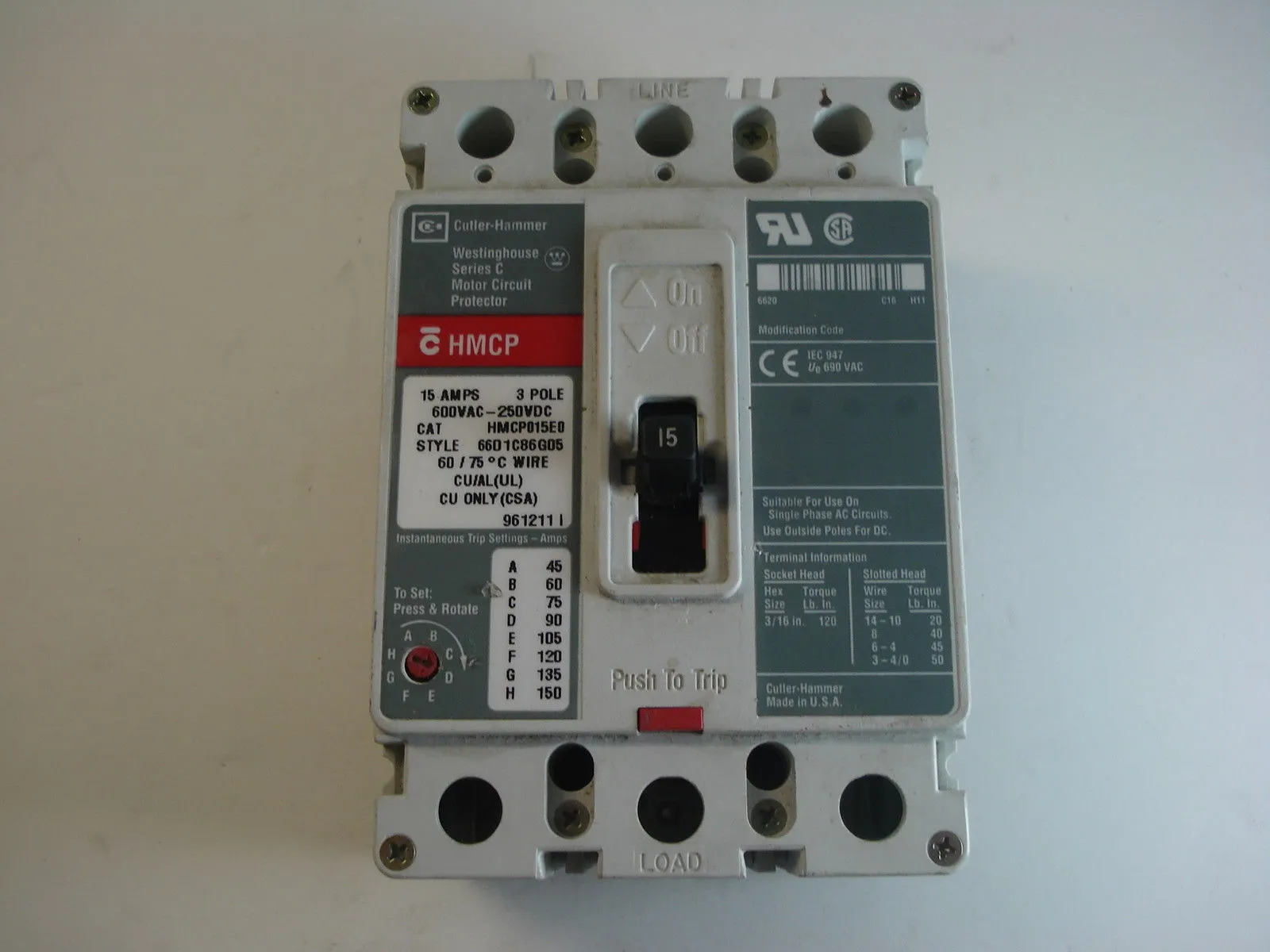 USED CUTLER HAMMER WESTINGHOUSE HMCP015E0 BREAKER