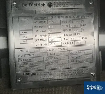 USED De Dietrich 3,000 Liter DeDietrich Glass Lined Reactor, 34/90#