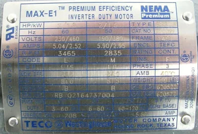NEW TECO WESTINGHOUSE EP0022 MOTOR MAX-E1 2HP 230/460V 145T 7/8" DIA. AEHH8N