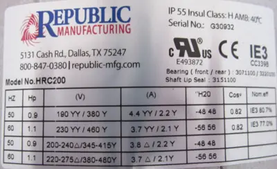 NEW REPUBLIC HRC200 HIGH PRESSURE REGENERATIVE BLOWER