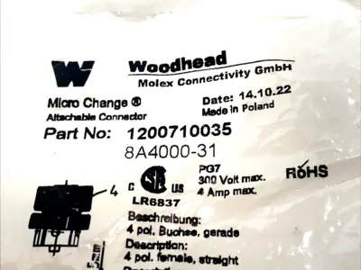 NEW WOODHEAD M12 CONNECTOR PLUG 4-POLE FEMALE 300V